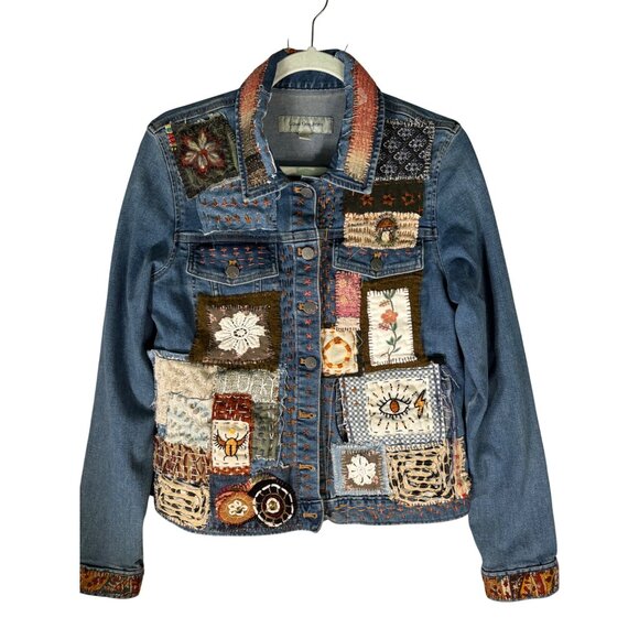 Calvin Klein Altered Hand Embroidered Upcycled Patched Denim Jacket - Picture 2 of 16